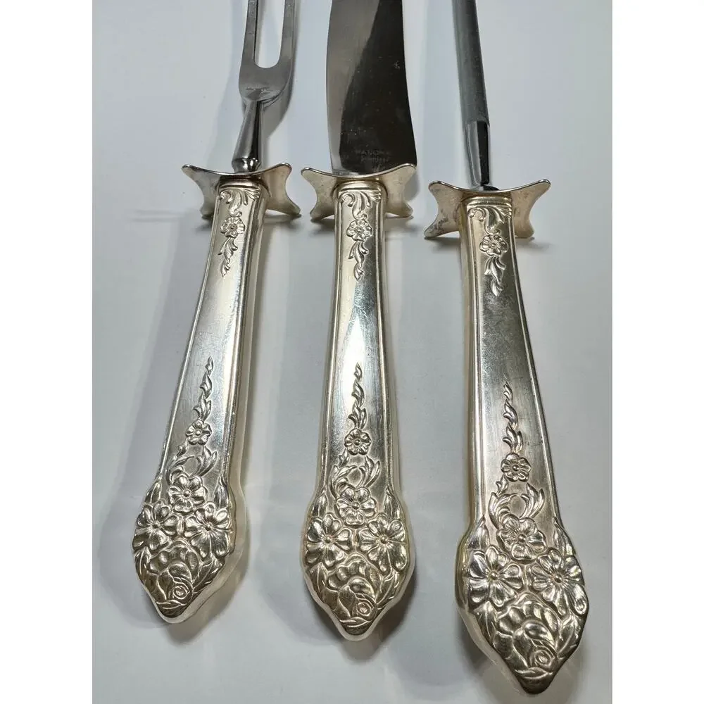 National Prince Edward 3 Pc Carving Set Silver Plate Knife‎ Fork Steel